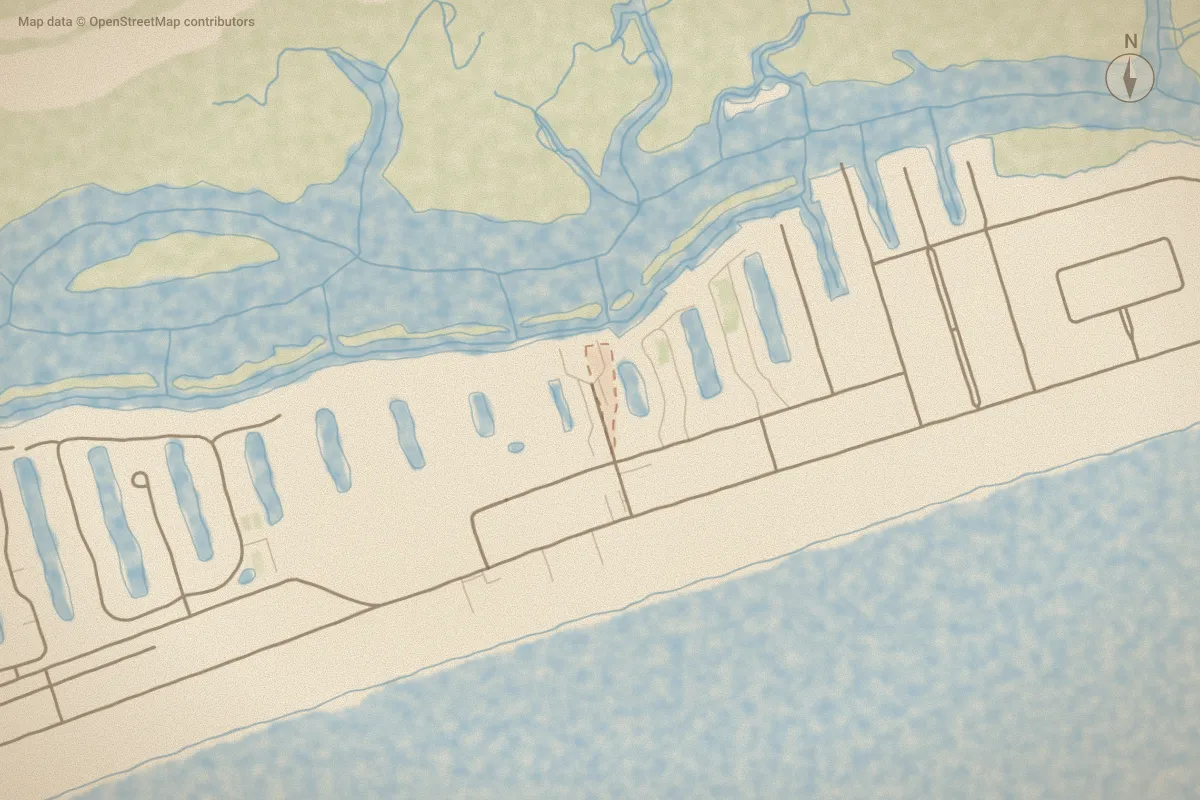 Watercolor map of Dockside Landing in Ocean Isle Beach, NC, showing its streets, water and surroundings