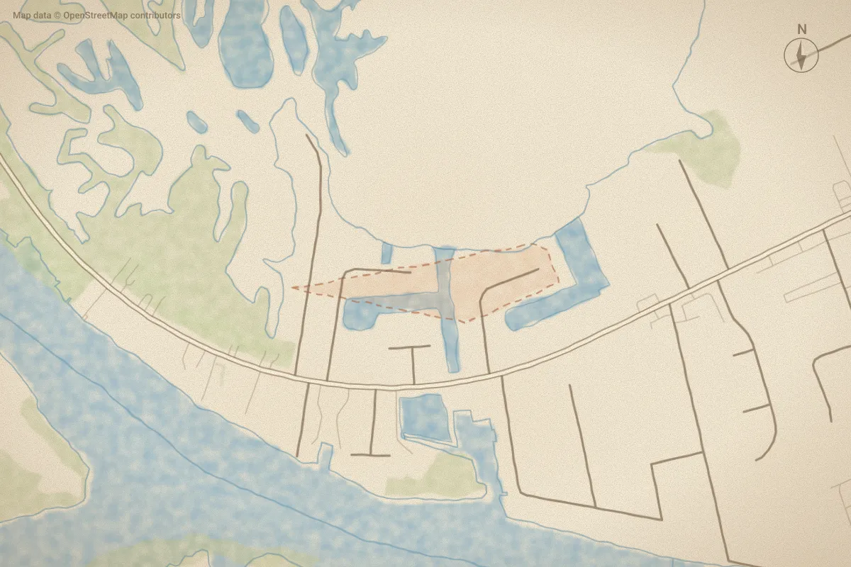 Watercolor map of Dolphin Bay Estates in Cedar Point, NC, showing its streets, water and surroundings