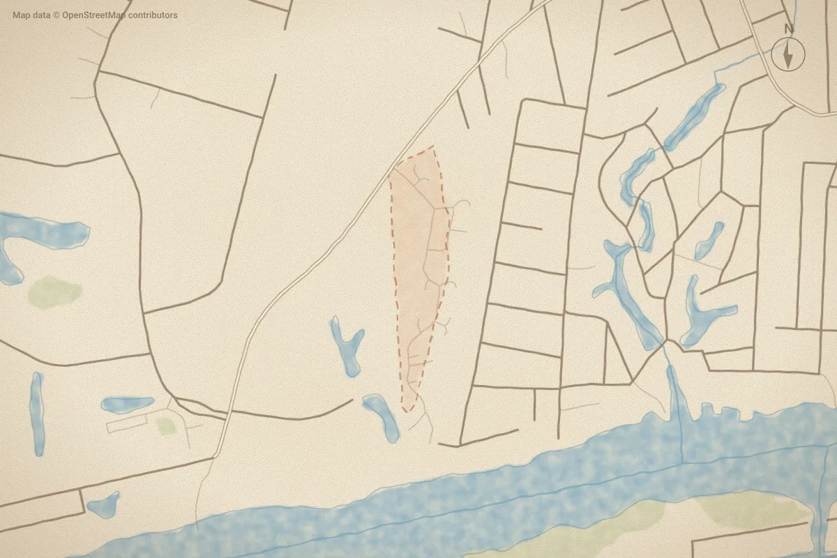 Watercolor map of Dolphin Shores in Supply, NC, showing its streets, water and surroundings
