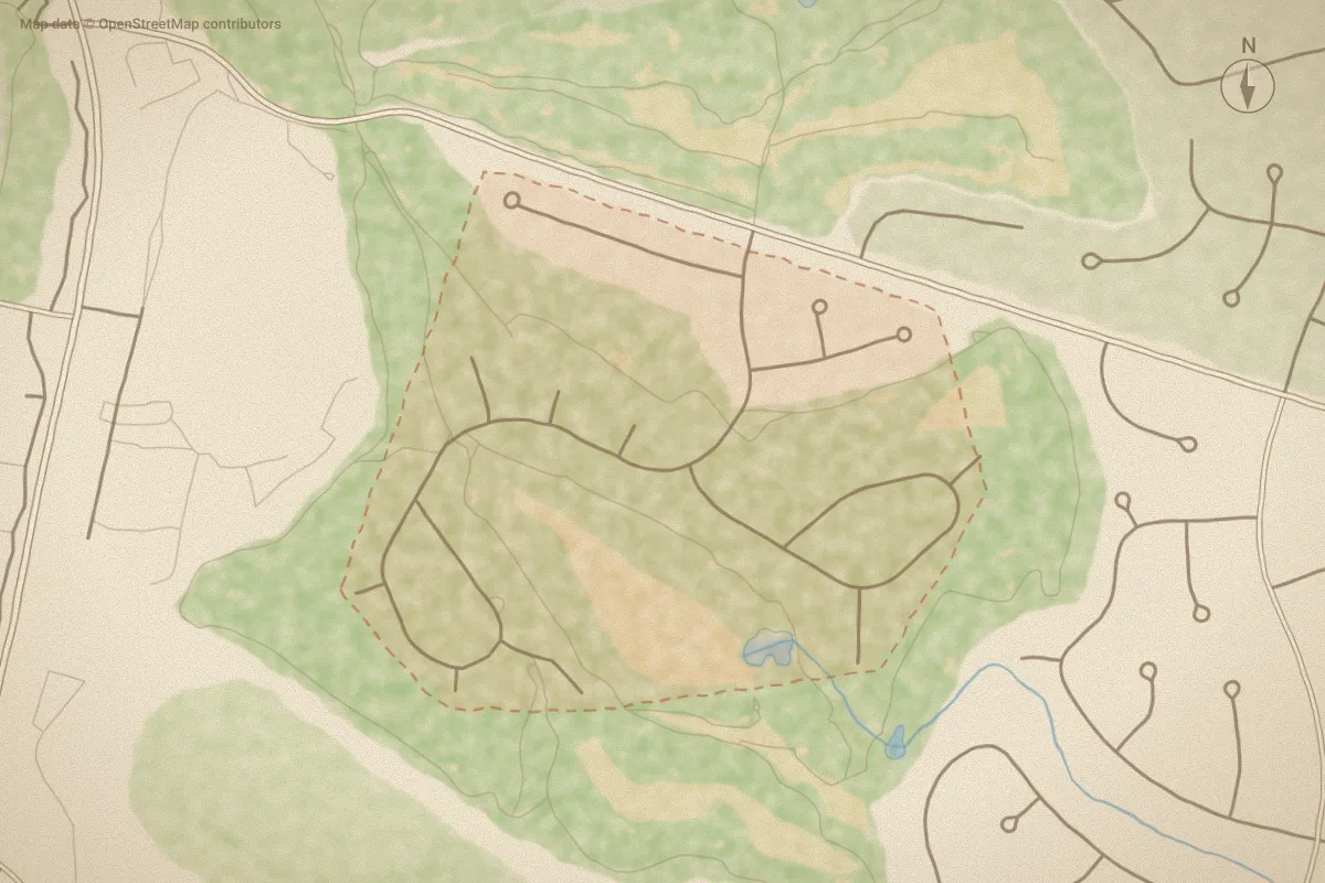 Watercolor map of Doral Woods in Pinehurst, NC, showing its streets, water and surroundings