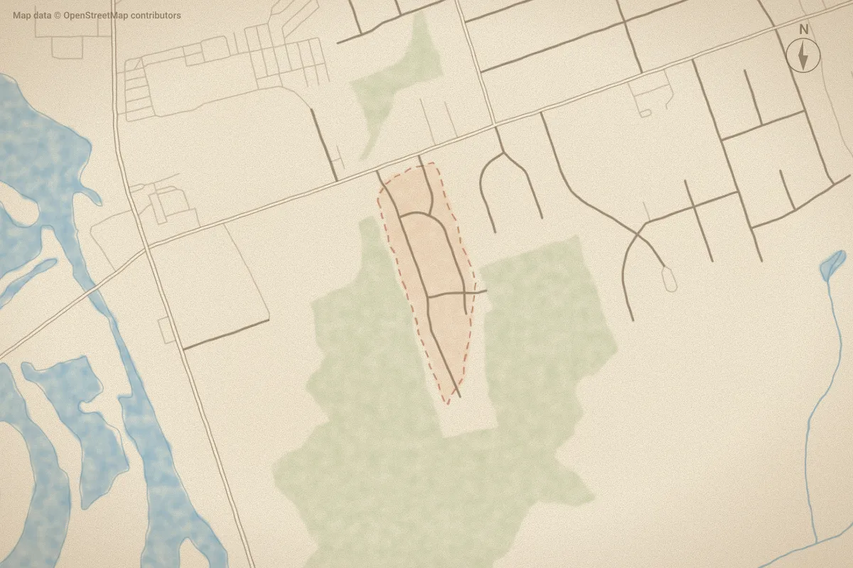 Watercolor map of Downing Village in Wilson, NC, showing its streets, water and surroundings