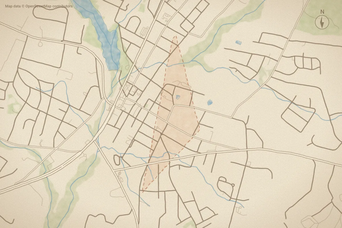 Watercolor map of Downtown in Aberdeen, NC, showing its streets, water and surroundings
