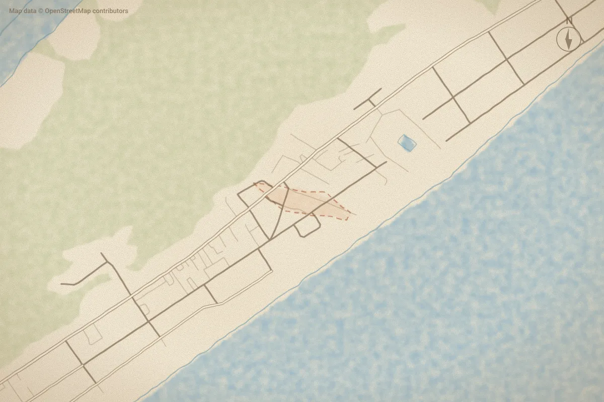 Watercolor map of Dune Ridge in Surf City, NC, showing its streets, water and surroundings
