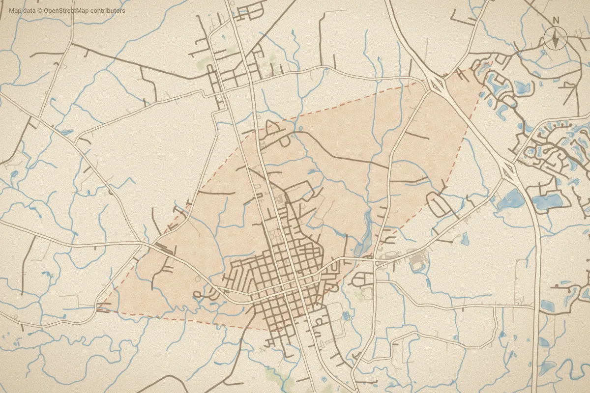 Watercolor map of Duplin in Wallace, NC, showing its streets, water and surroundings