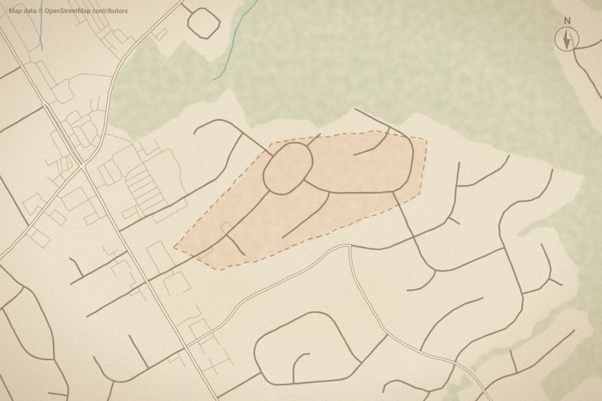 Watercolor map of Eagle Farm in Wilson, NC, showing its streets, water and surroundings