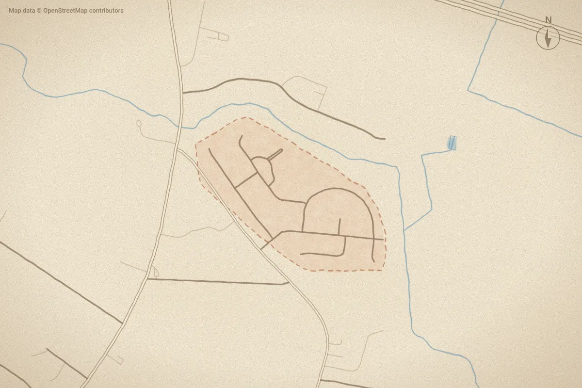 Watercolor map of Eastbrook in Leland, NC, showing its streets, water and surroundings