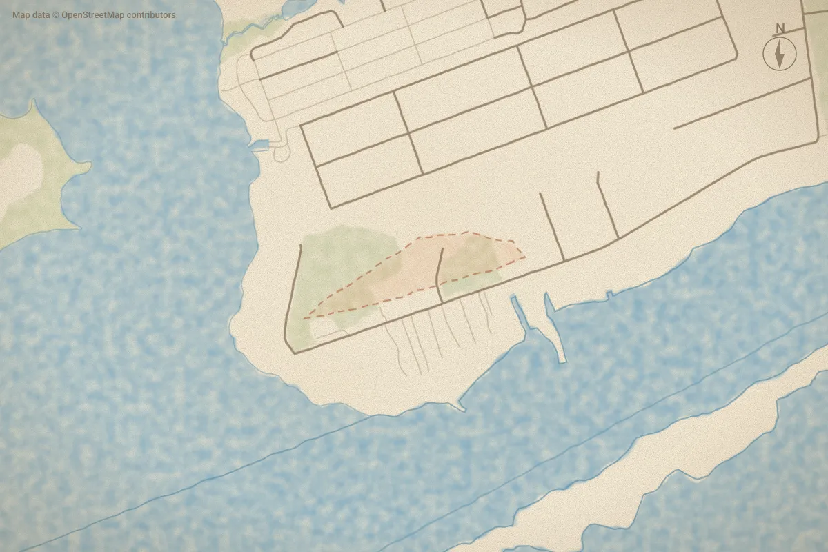 Watercolor map of Emerald View in Newport, NC, showing its streets, water and surroundings