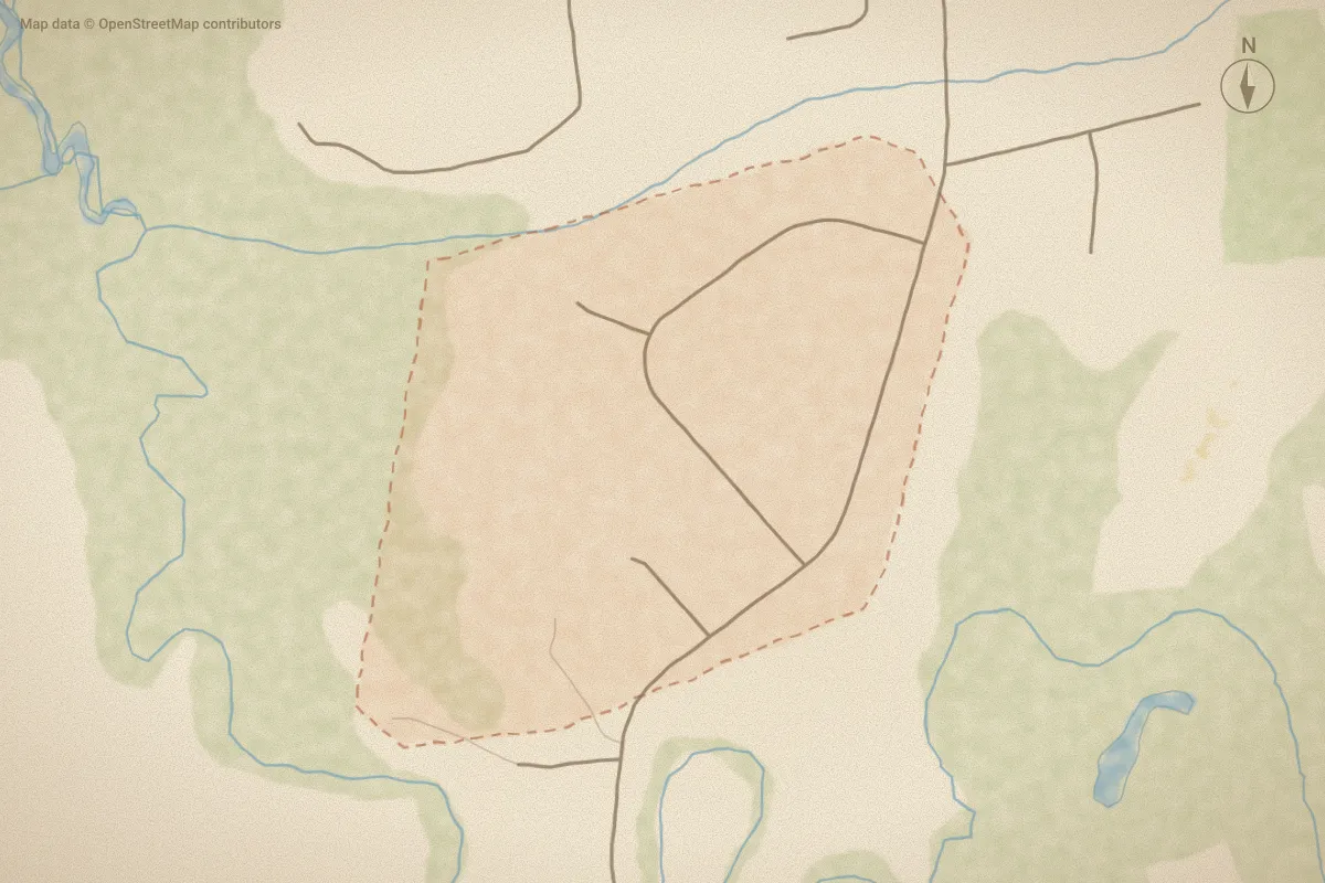 Watercolor map of Evans Mill in New Bern, NC, showing its streets, water and surroundings