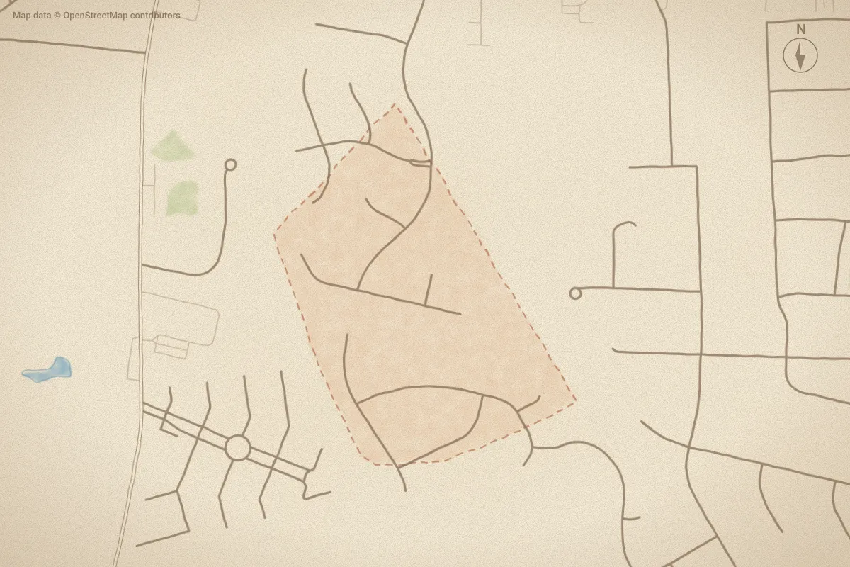 Watercolor map of Fairfield in Rocky Mount, NC, showing its streets, water and surroundings