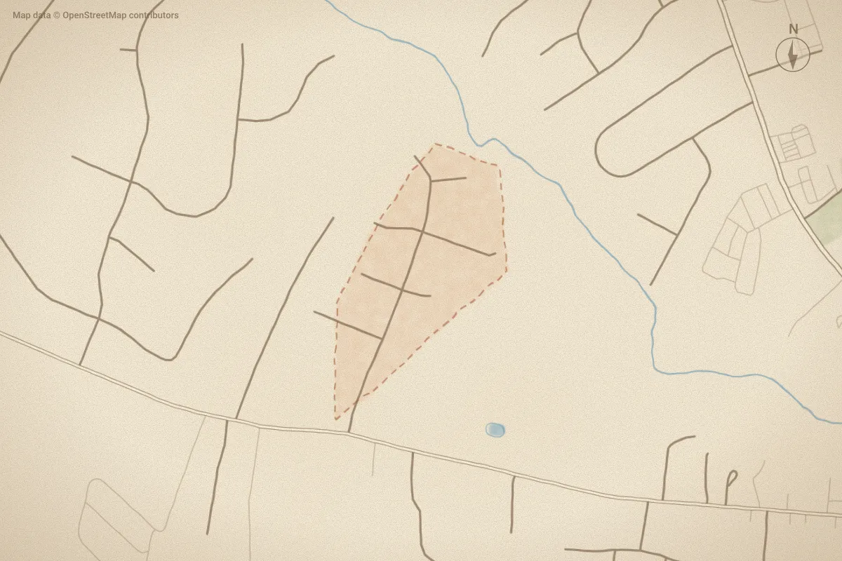 Watercolor map of Falcon Crest in Jacksonville, NC, showing its streets, water and surroundings