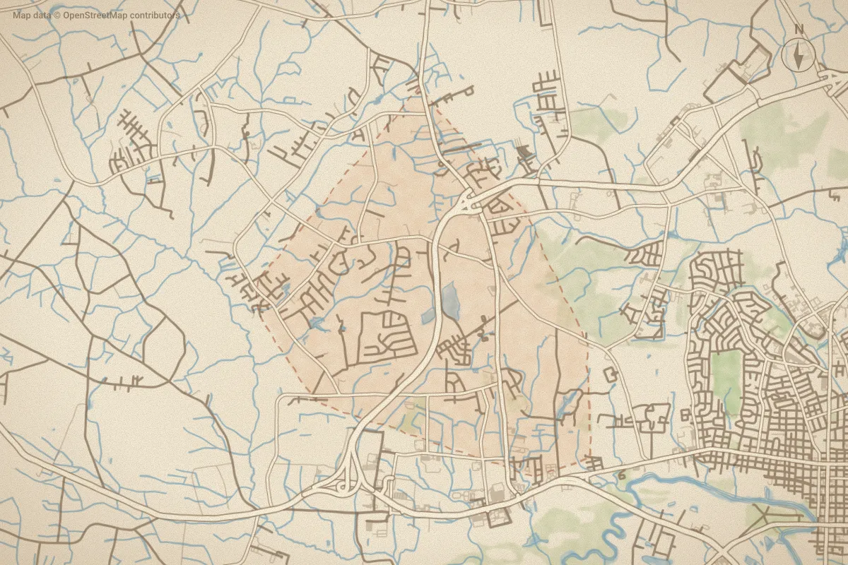 Watercolor map of Falling Creek in Kinston, NC, showing its streets, water and surroundings