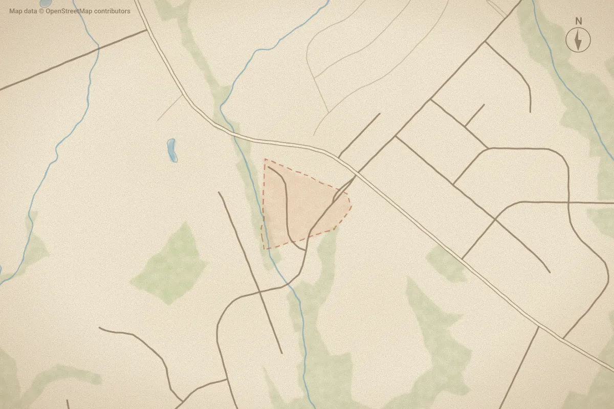 Watercolor map of Fieldstone Crossing in Jacksonville, NC, showing its streets, water and surroundings