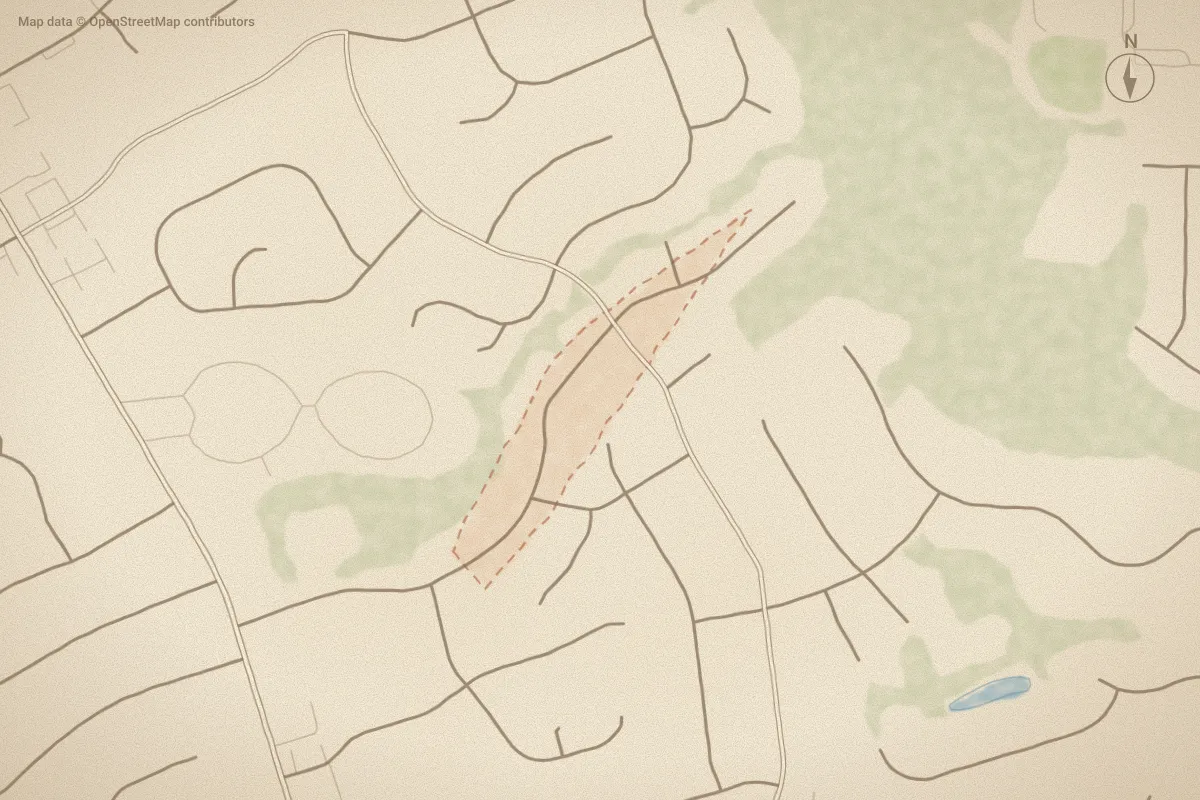 Watercolor map of Fieldstream Farm in Wilson, NC, showing its streets, water and surroundings