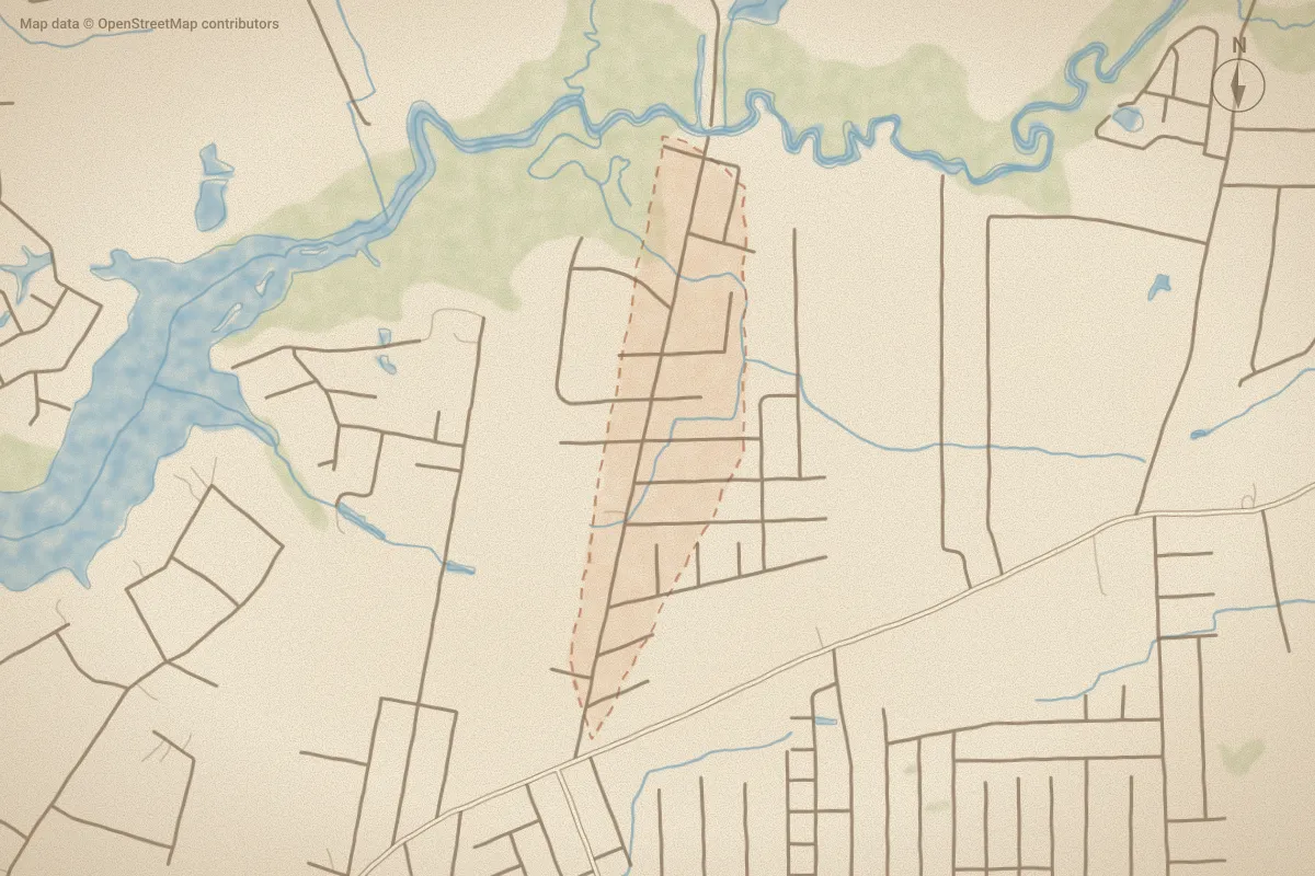Watercolor map of Fishermans Village in Supply, NC, showing its streets, water and surroundings