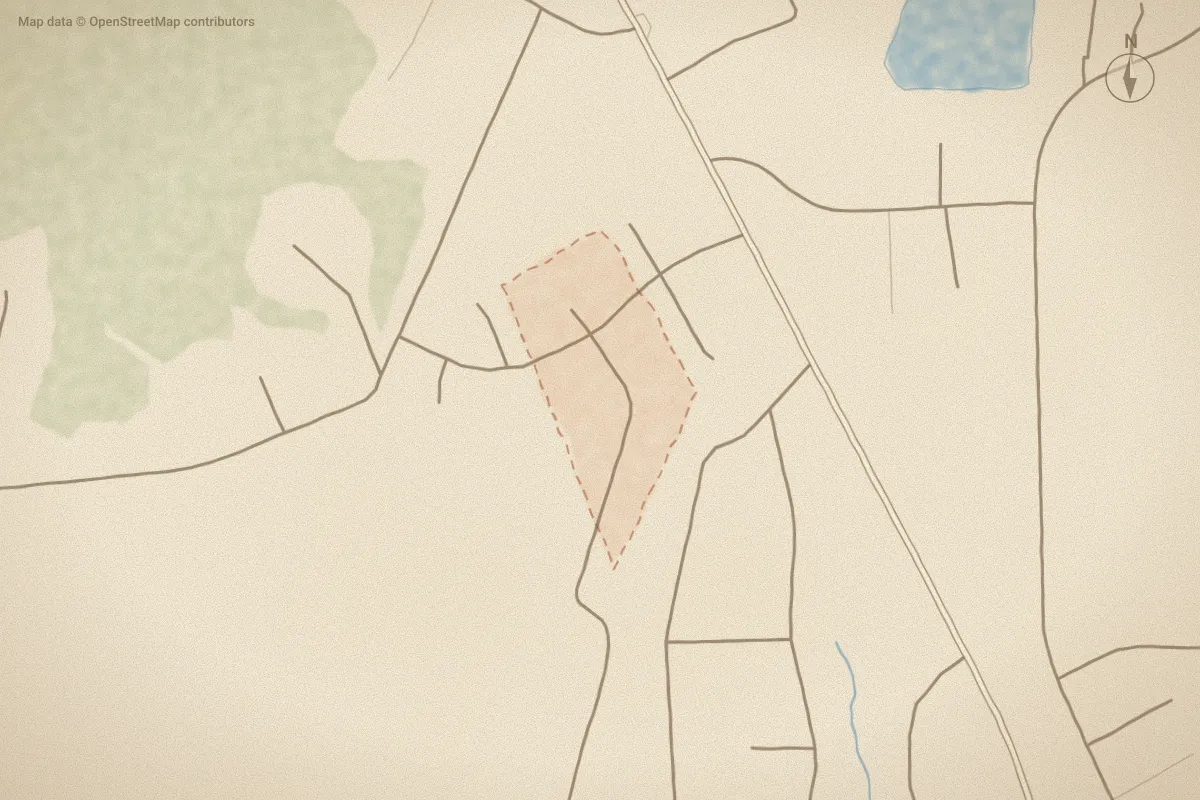 Watercolor map of Five Aprils Plantation in Peletier, NC, showing its streets, water and surroundings