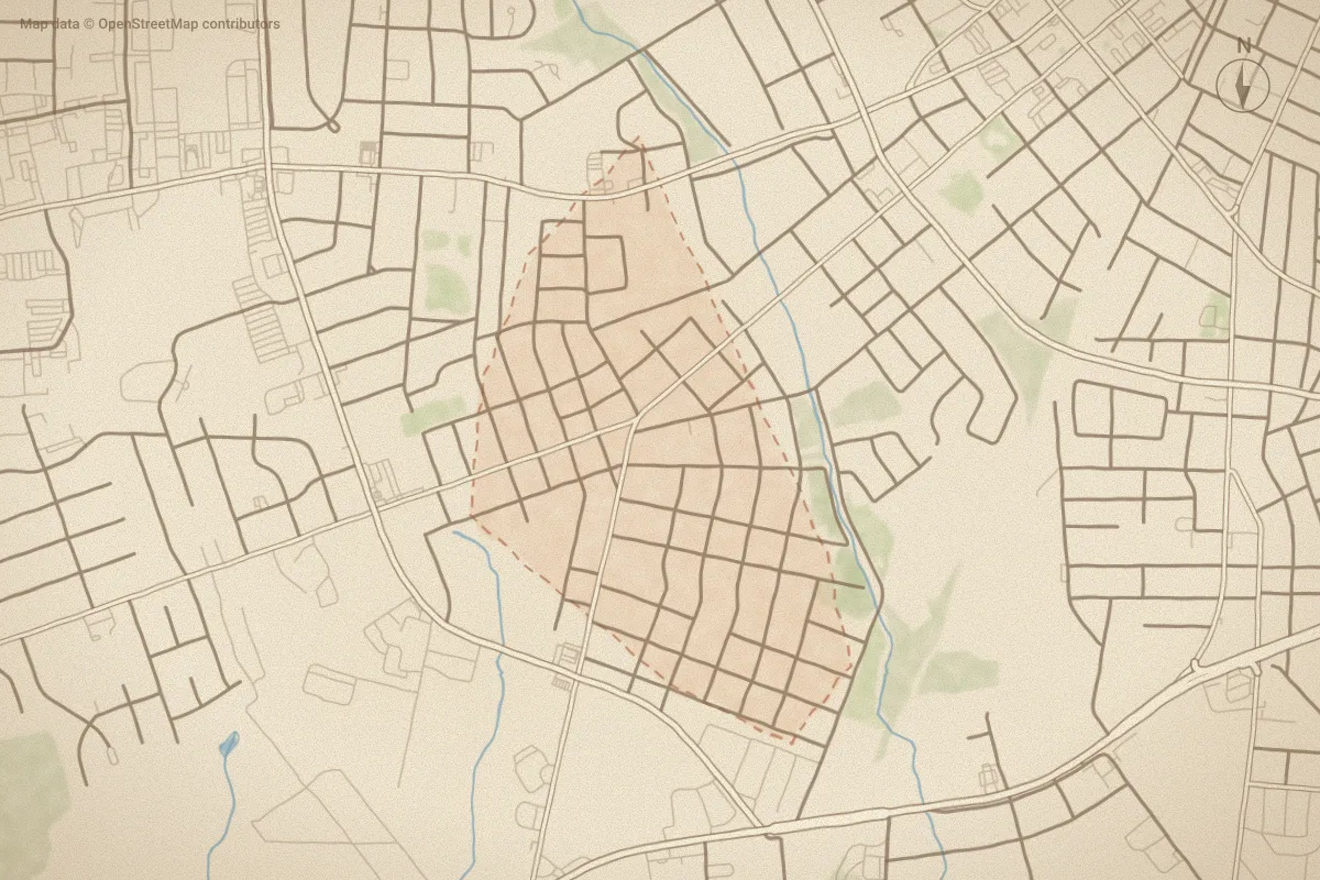 Watercolor map of Five Points in Wilson, NC, showing its streets, water and surroundings