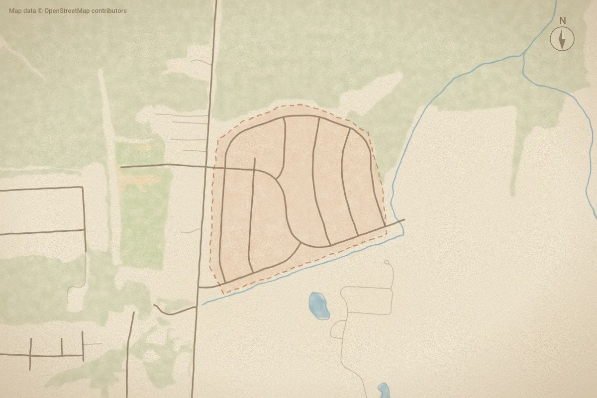 Watercolor map of Flagmarsh Hills in Rocky Mount, NC, showing its streets, water and surroundings