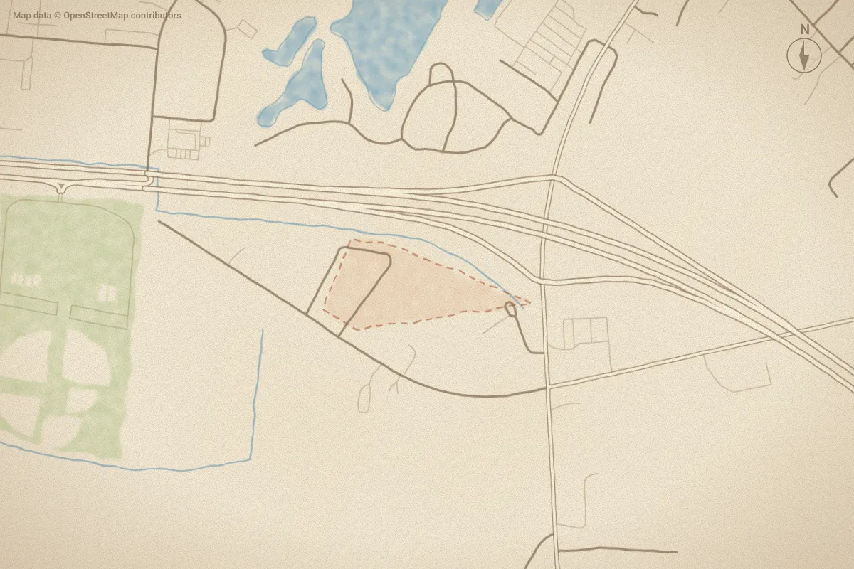 Watercolor map of Fletcher Estates in Leland, NC, showing its streets, water and surroundings