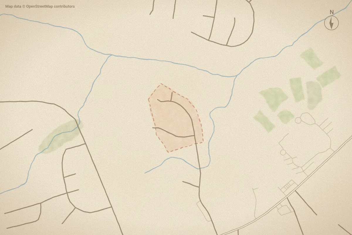 Watercolor map of Forbes Estates in Jacksonville, NC, showing its streets, water and surroundings