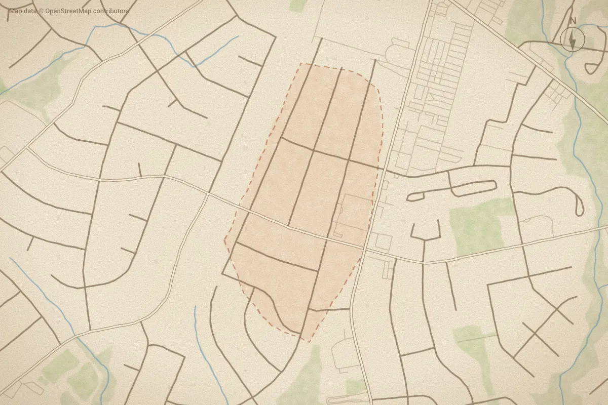 Watercolor map of Forest Hills in Jacksonville, NC, showing its streets, water and surroundings