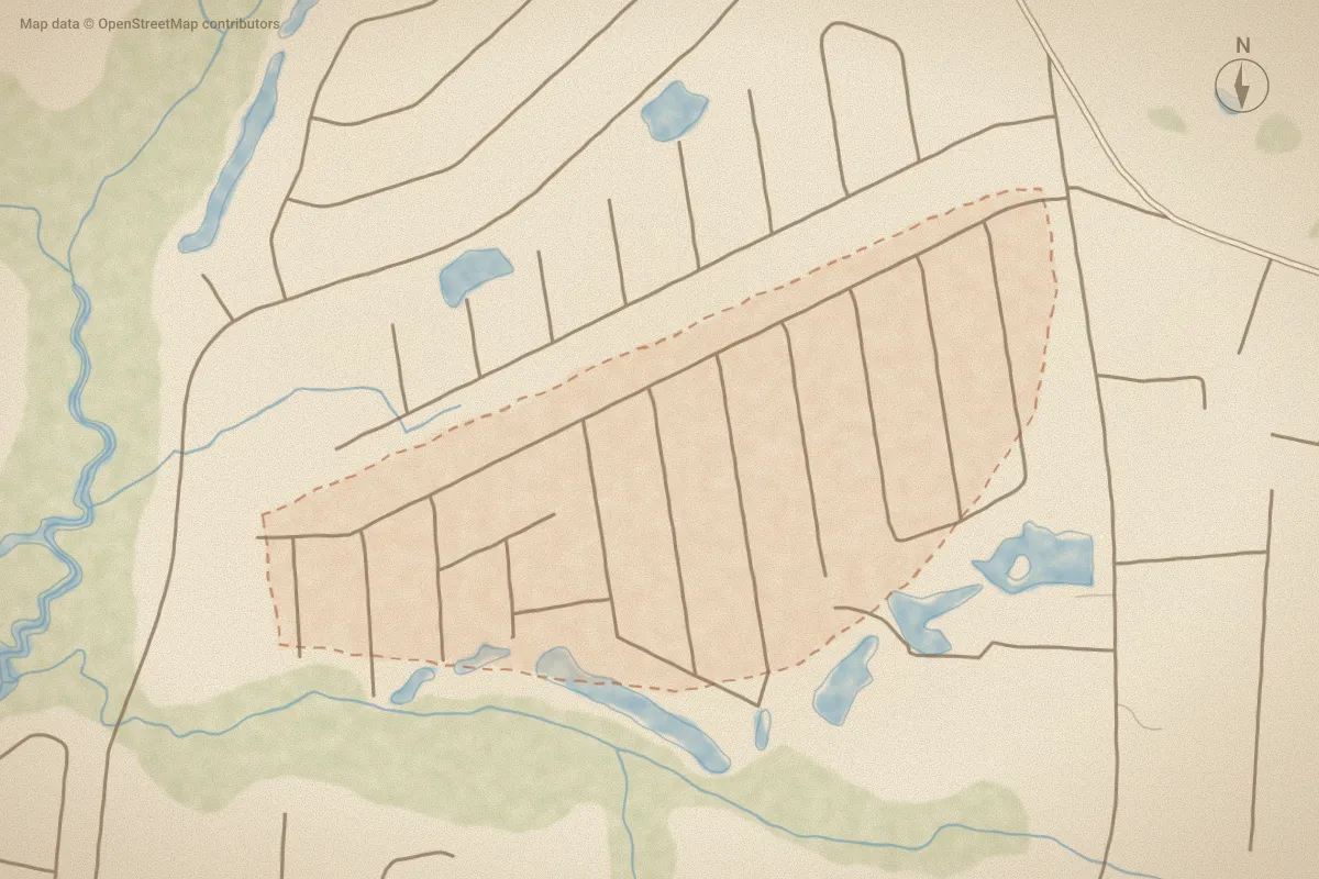 Watercolor map of Forest Hills in Supply, NC, showing its streets, water and surroundings