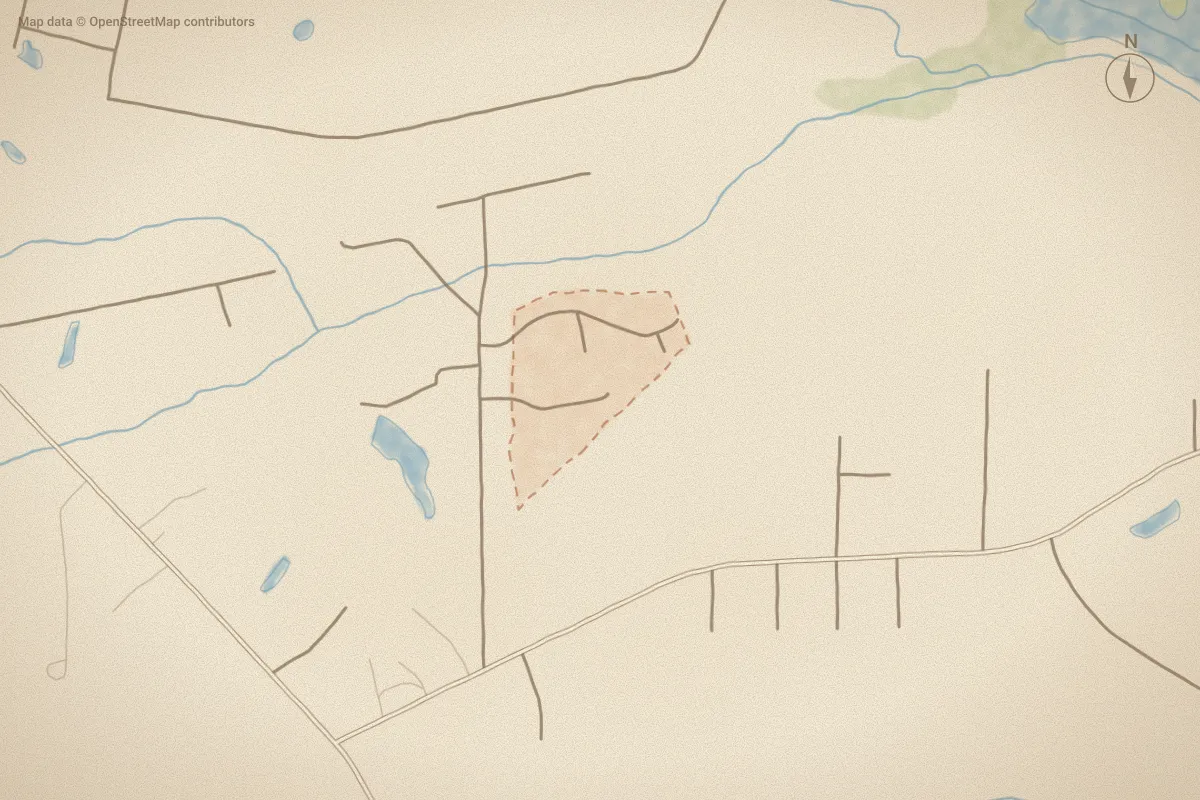 Watercolor map of Forest Lakes Estates in Shallotte, NC, showing its streets, water and surroundings