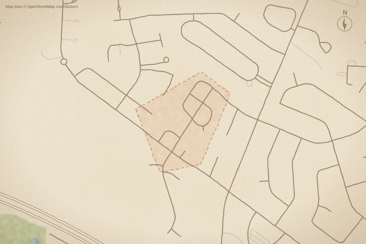 Watercolor map of Forest Park in New Bern, NC, showing its streets, water and surroundings