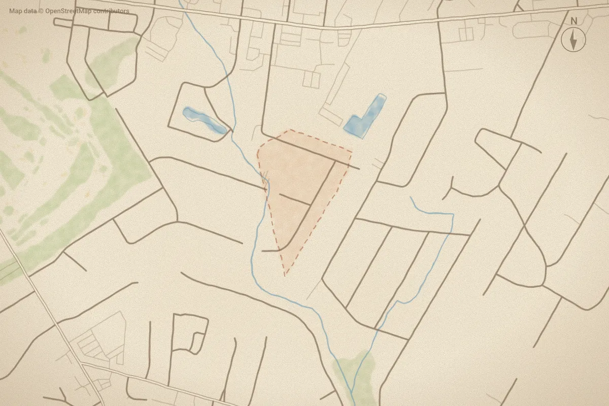 Watercolor map of Forest Park in Wilmington, NC, showing its streets, water and surroundings