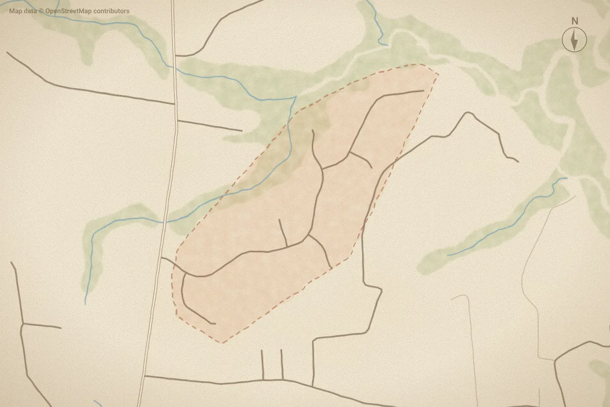 Watercolor map of Forest Ridge in Stella, NC, showing its streets, water and surroundings
