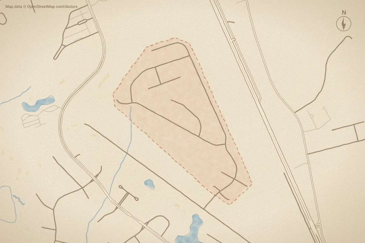 Watercolor map of Forest Run in New Bern, NC, showing its streets, water and surroundings