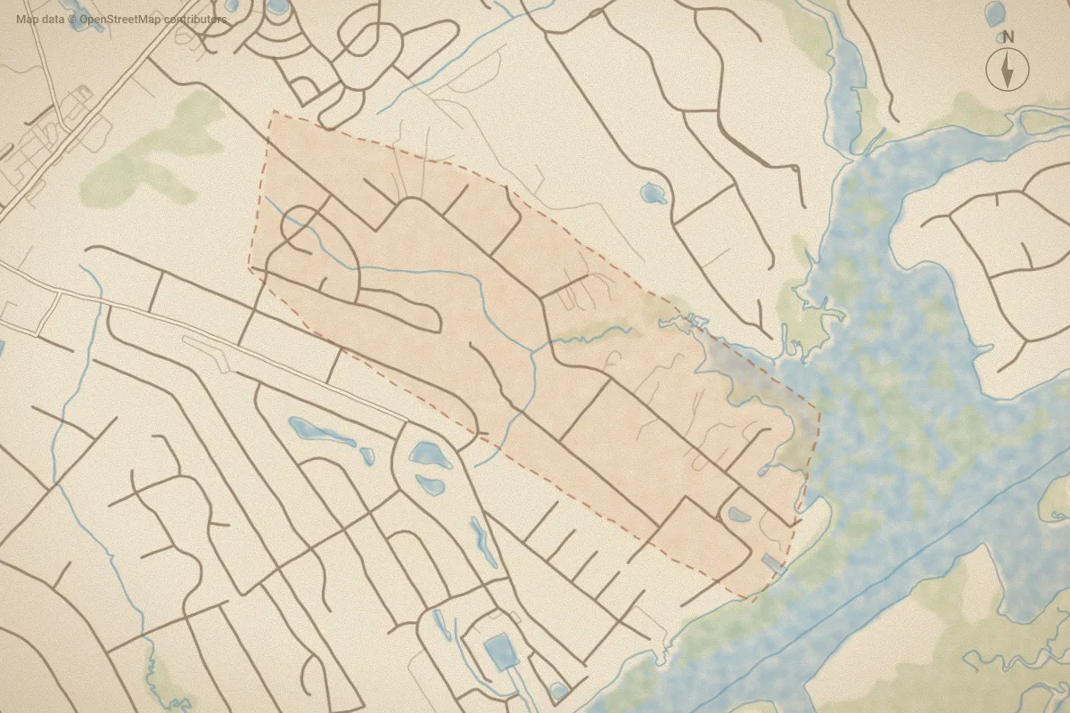 Watercolor map of Forest Sound in Hampstead, NC, showing its streets, water and surroundings