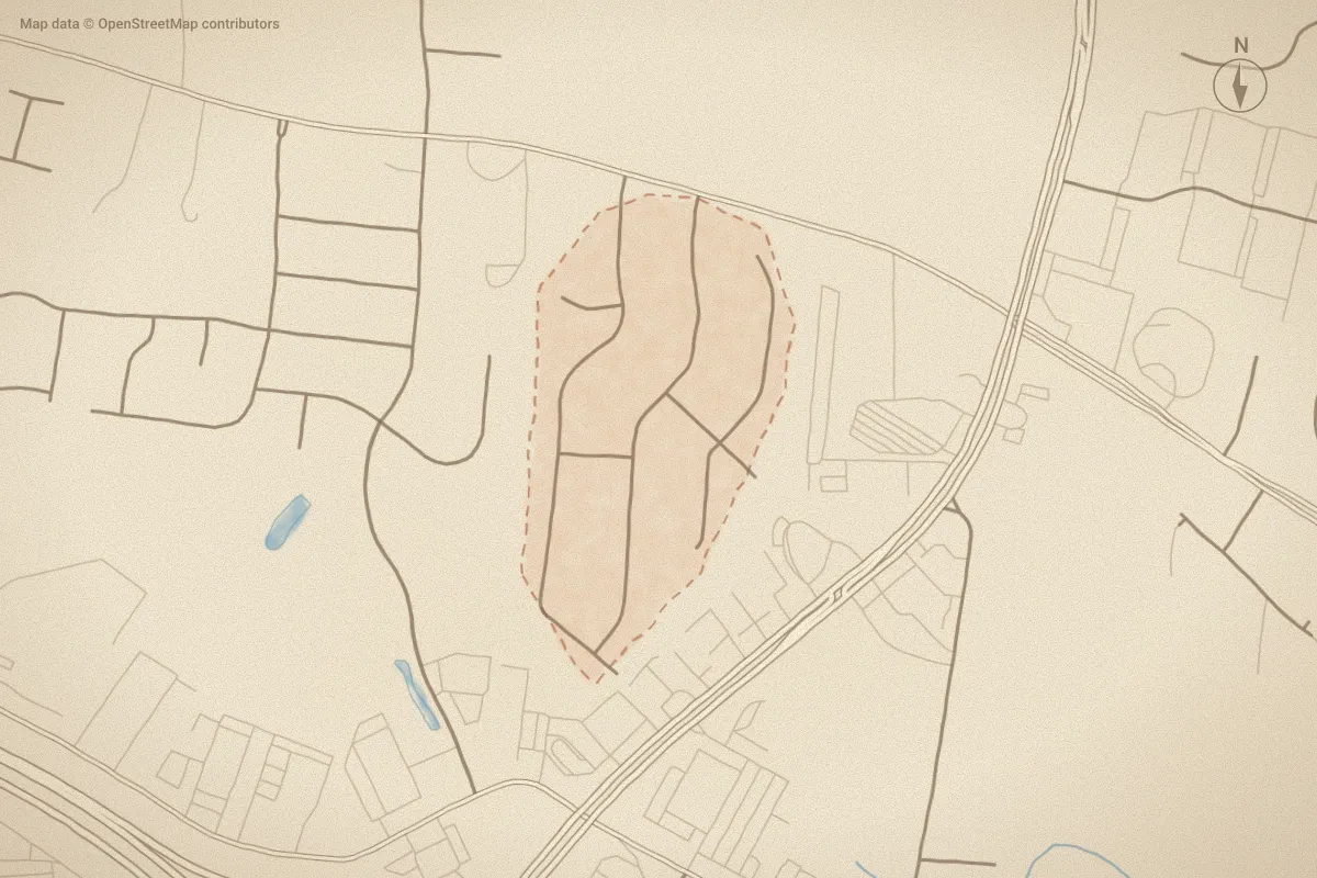 Watercolor map of Forrest Oaks in Rocky Mount, NC, showing its streets, water and surroundings