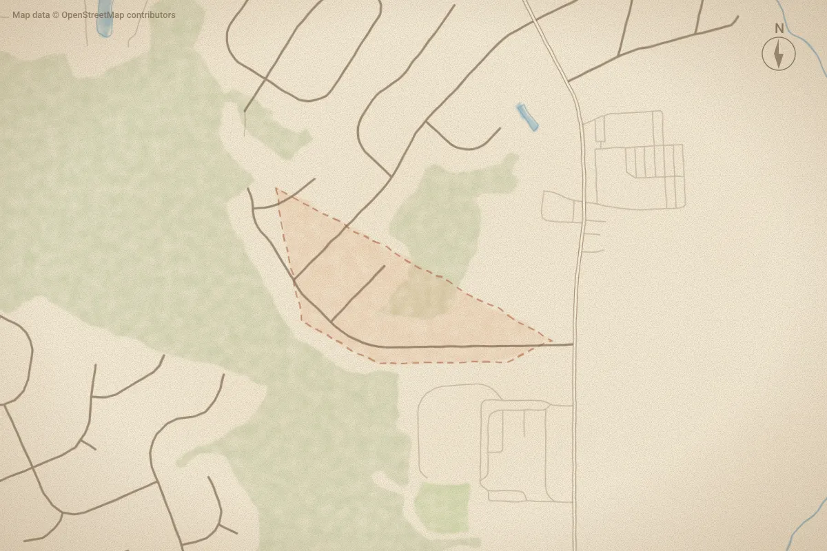 Watercolor map of Fox Chase in Wilson, NC, showing its streets, water and surroundings
