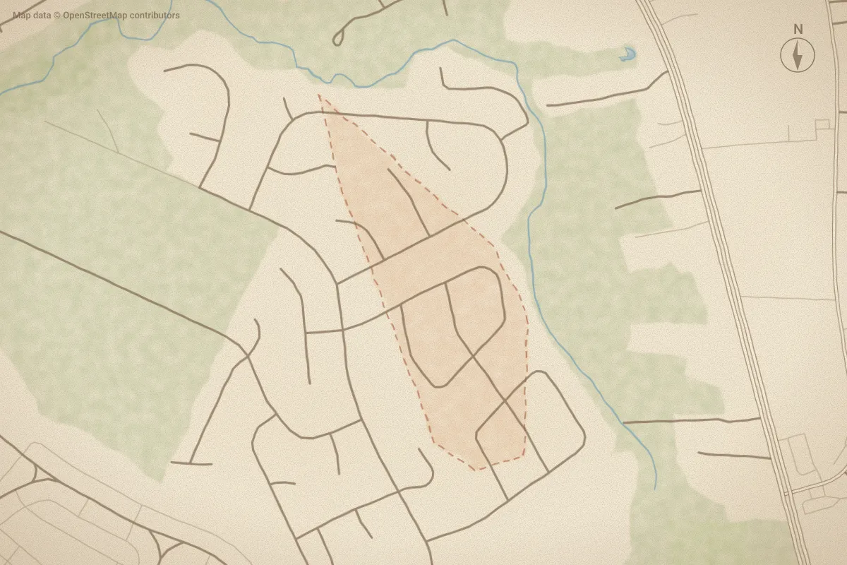 Watercolor map of Fox Croft in Midway Park, NC, showing its streets, water and surroundings
