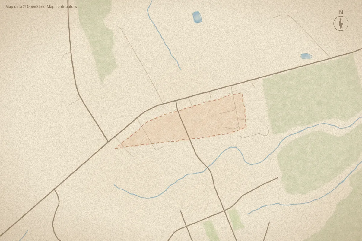 Watercolor map of Fox Crossing in Richlands, NC, showing its streets, water and surroundings