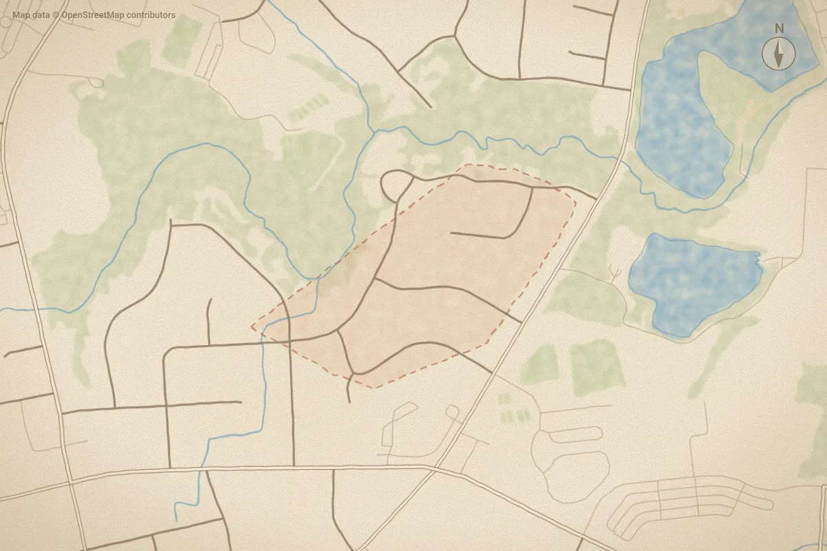 Watercolor map of Fox Run in Rocky Mount, NC, showing its streets, water and surroundings