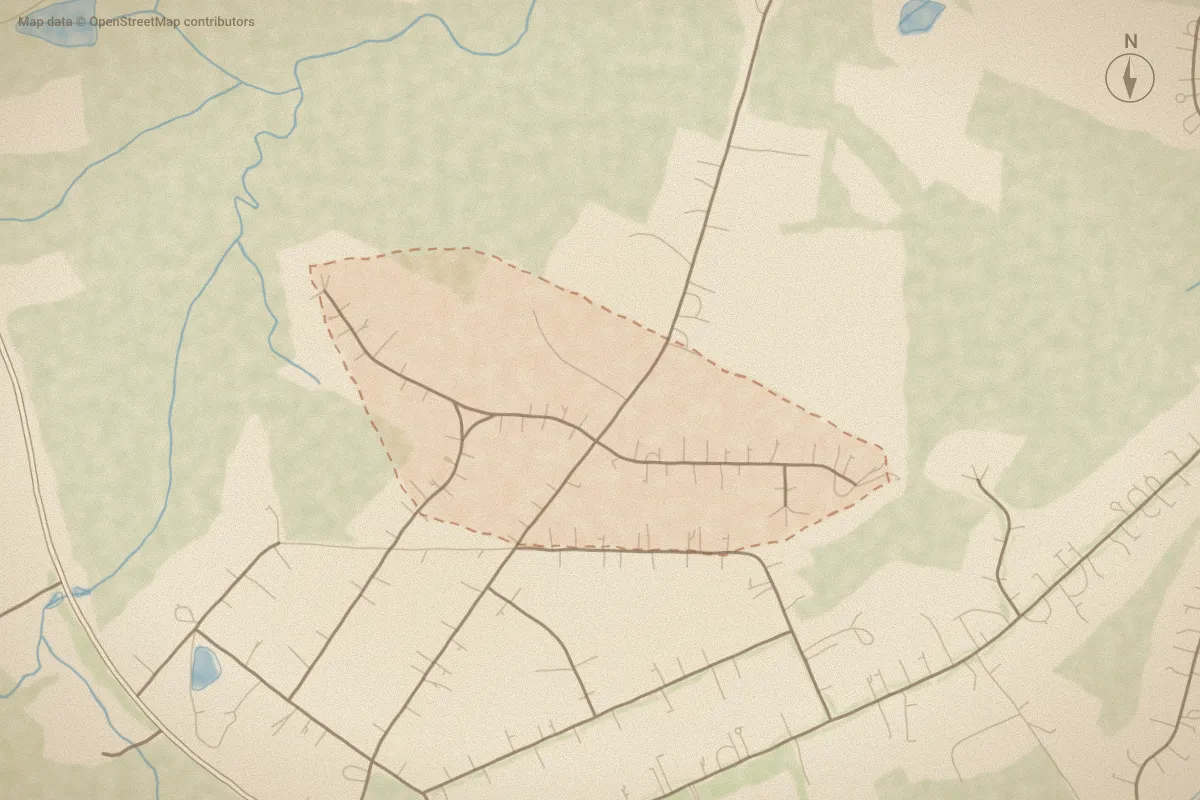 Watercolor map of Foxcroft in Whispering Pines, NC, showing its streets, water and surroundings
