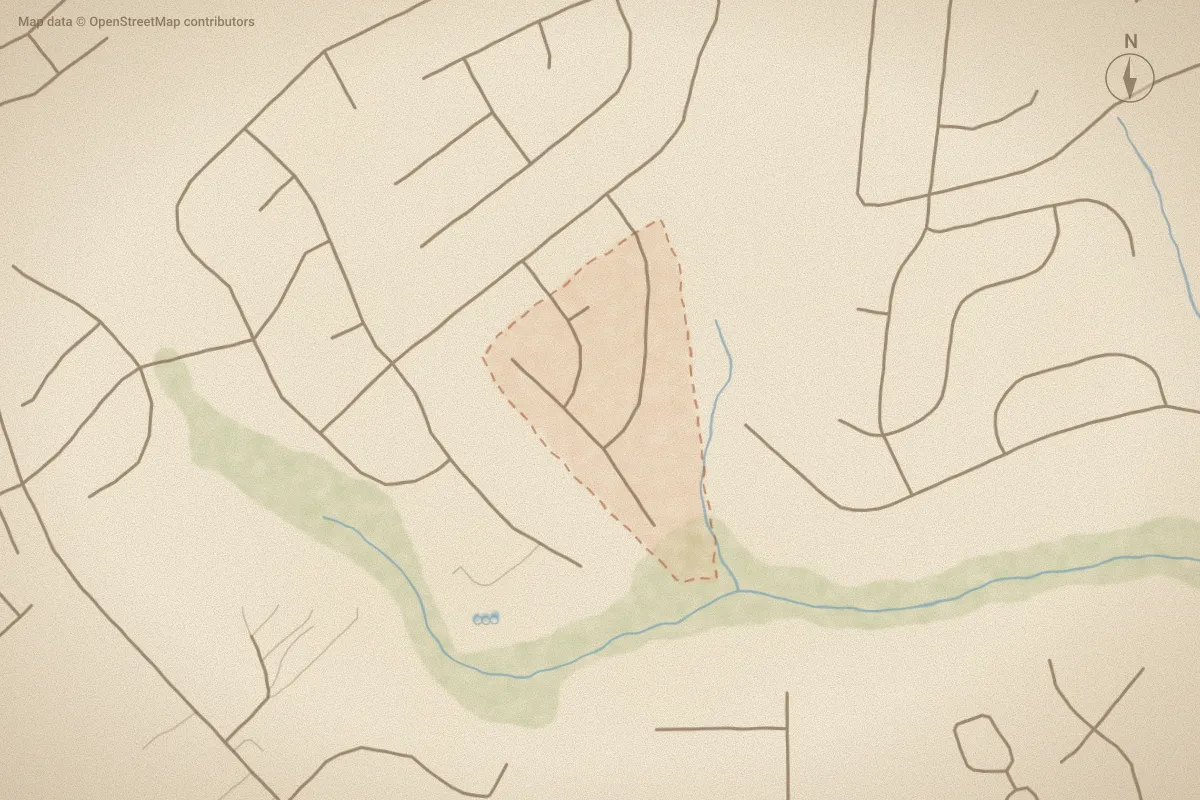 Watercolor map of Foxden in Hubert, NC, showing its streets, water and surroundings