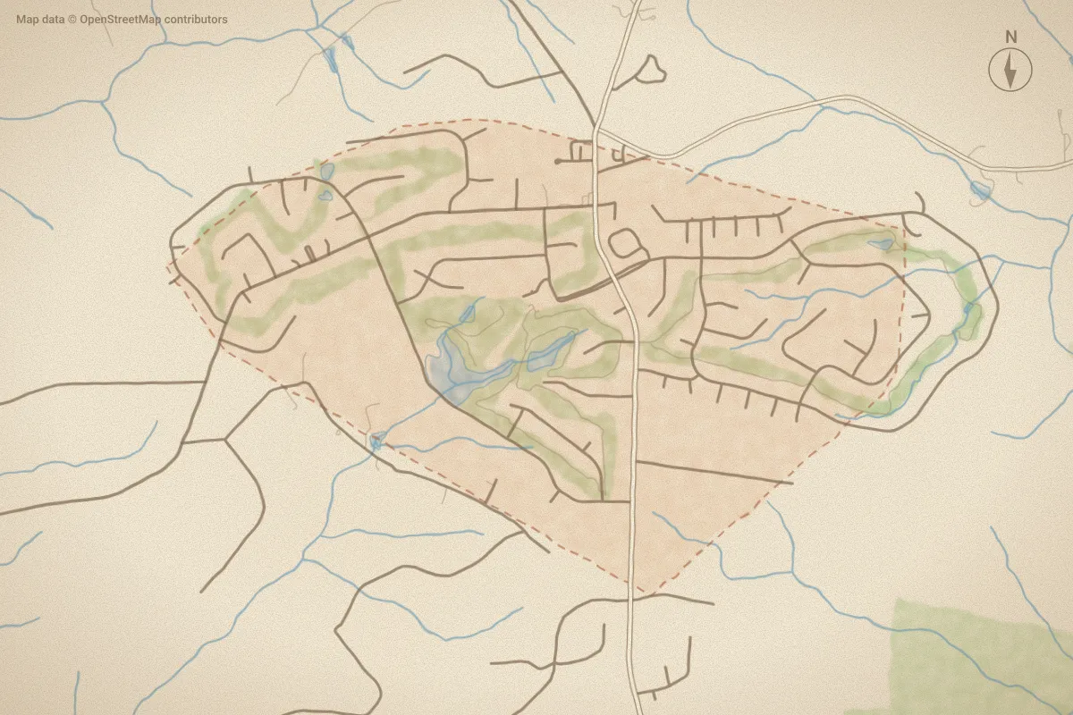 Watercolor map of FoxFire in Jackson Springs, NC, showing its streets, water and surroundings
