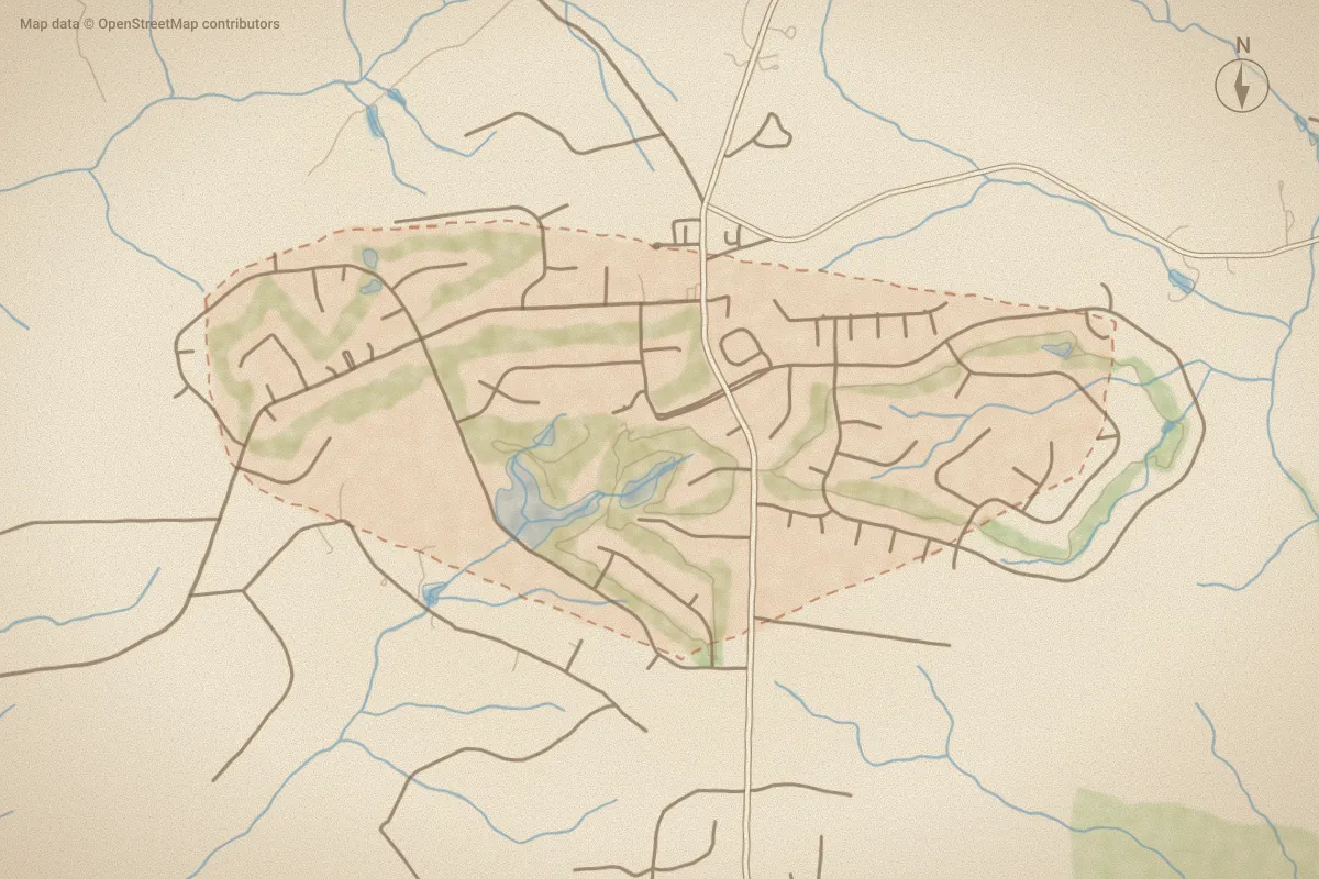 Watercolor map of Foxfire Village in Jackson Springs, NC, showing its streets, water and surroundings