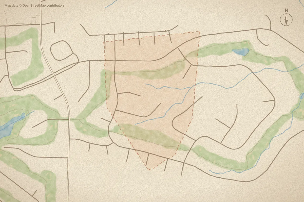 Watercolor map of FoxfireVill Est in Jackson Springs, NC, showing its streets, water and surroundings