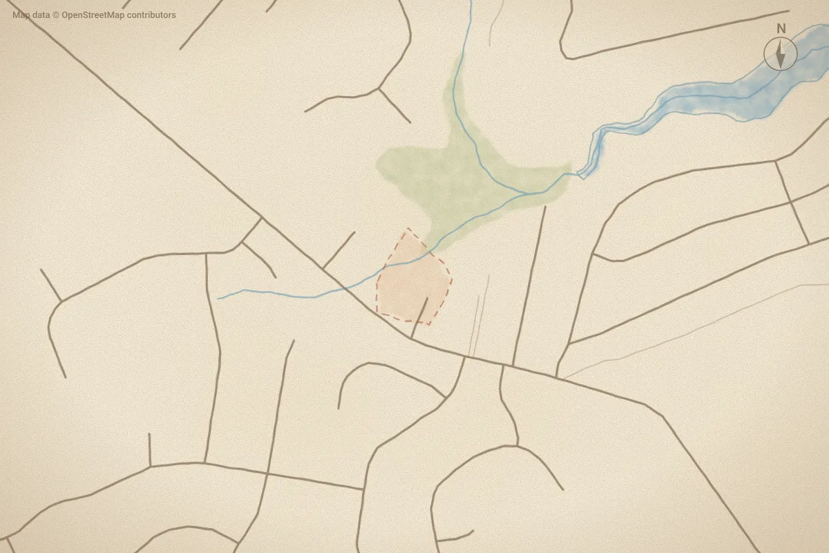 Watercolor map of Fullards Landing in Sneads Ferry, NC, showing its streets, water and surroundings