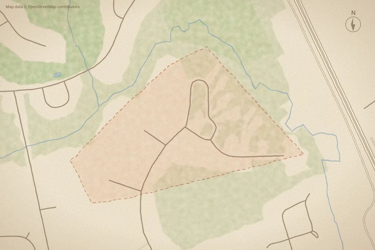 Watercolor map of Gables Run in New Bern, NC, showing its streets, water and surroundings