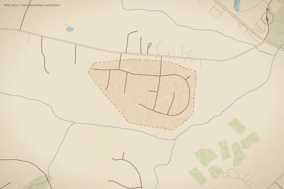 Watercolor map of Gateway in Jacksonville, NC, showing its streets, water and surroundings