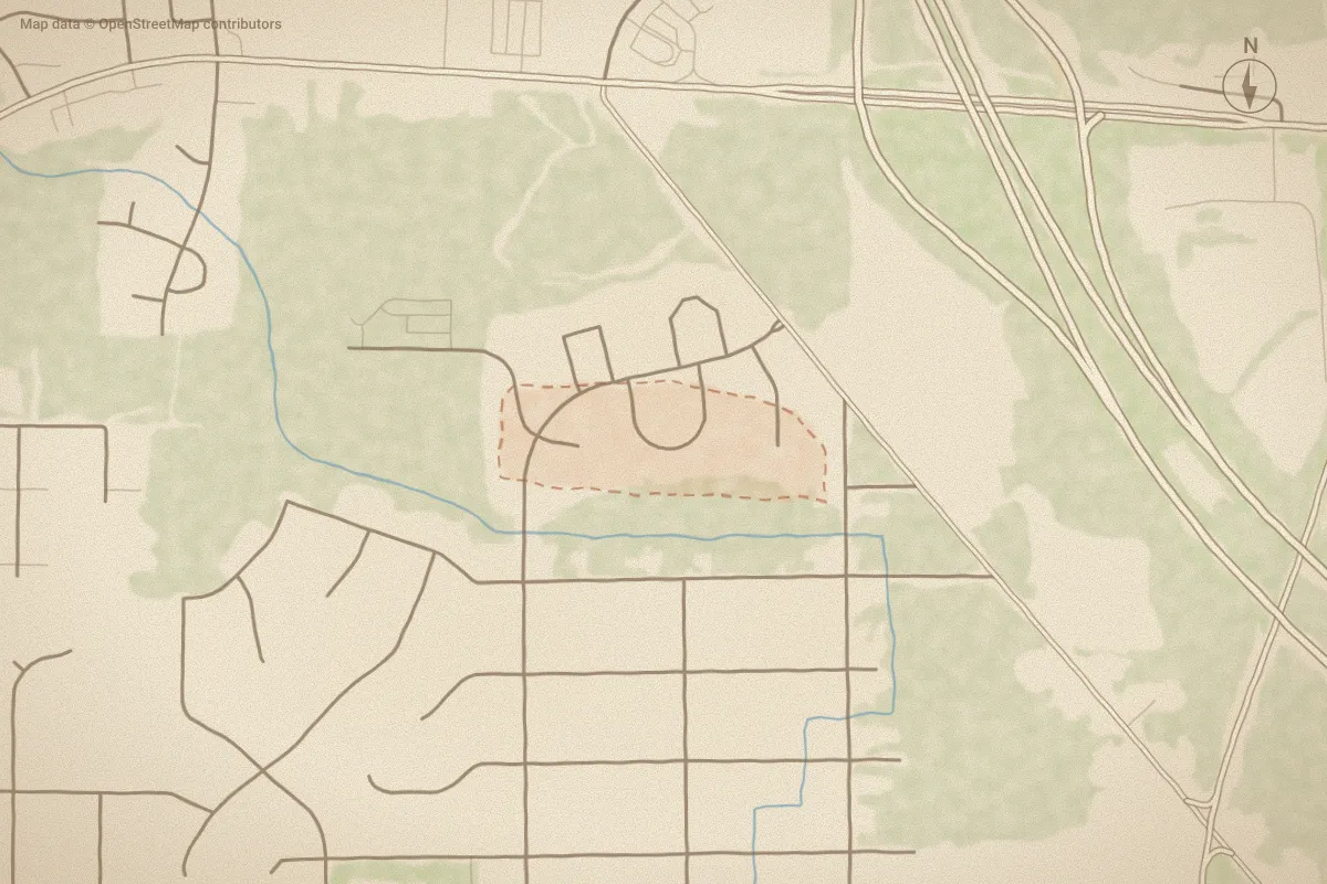 Watercolor map of Genesis Estates in Rocky Mount, NC, showing its streets, water and surroundings