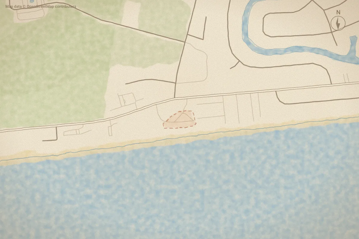 Watercolor map of Genesis in Pine Knoll Shores, NC, showing its streets, water and surroundings