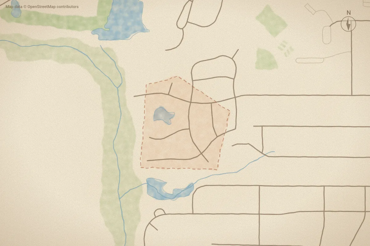 Watercolor map of Glen Laurel in Aberdeen, NC, showing its streets, water and surroundings