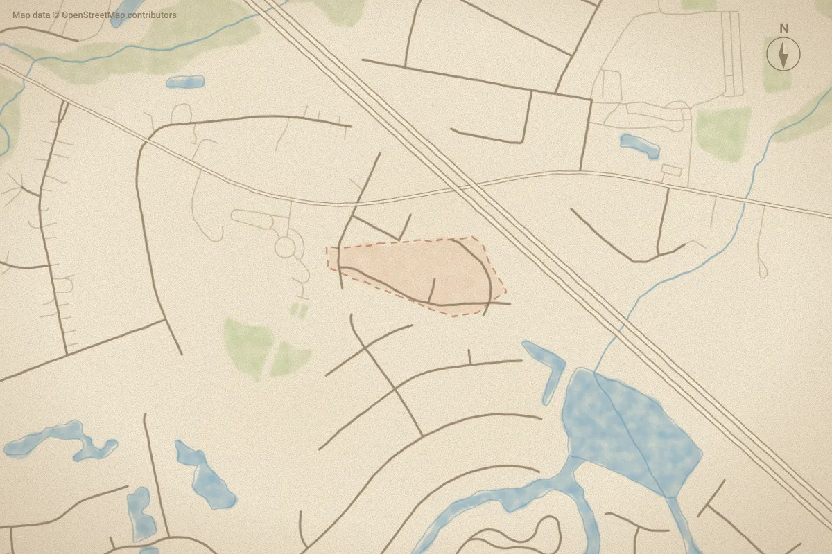 Watercolor map of Glendale in Belville, NC, showing its streets, water and surroundings