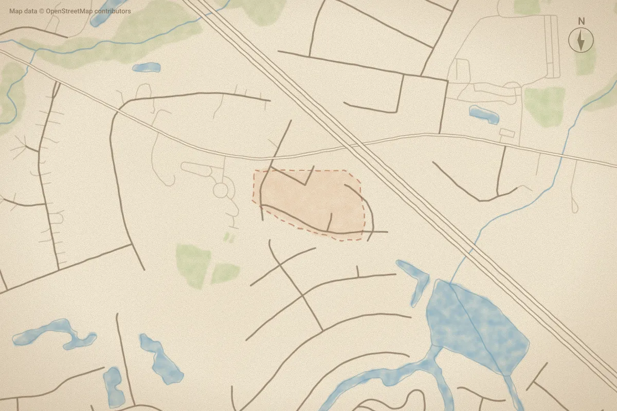 Watercolor map of Glendale in Leland, NC, showing its streets, water and surroundings