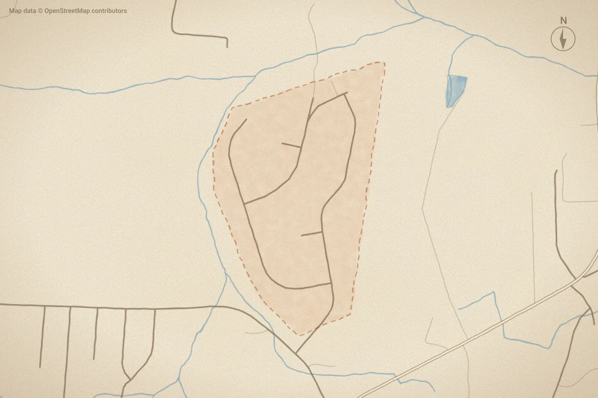 Watercolor map of Glenn Laurel in Pikeville, NC, showing its streets, water and surroundings